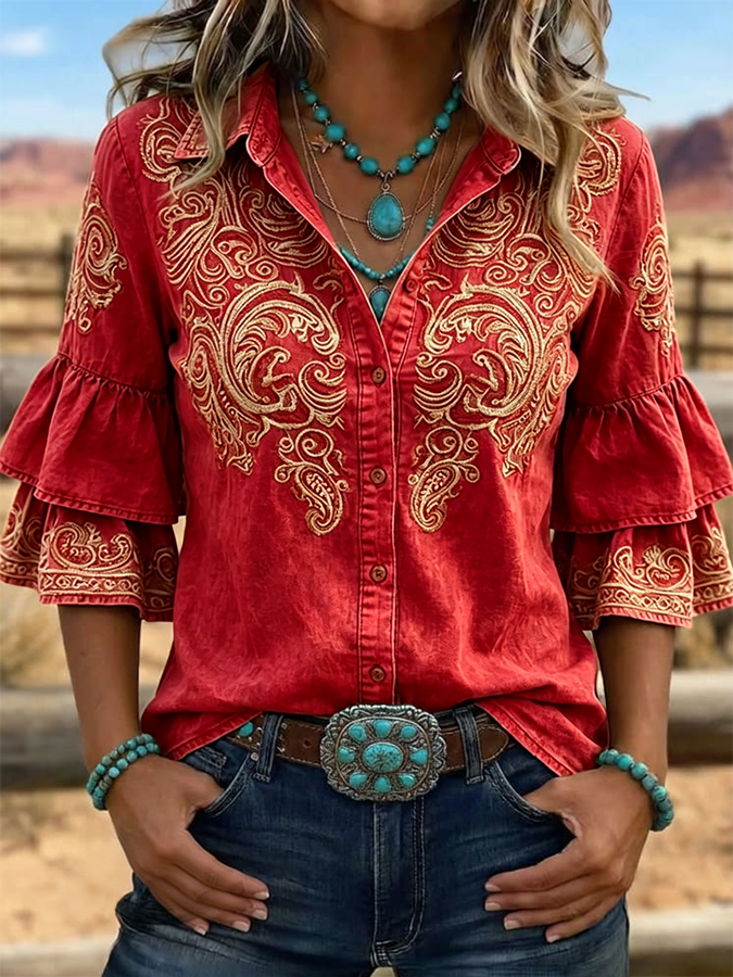 Women's Vintage Floral Print Casual Ruffle Lapel Shirt