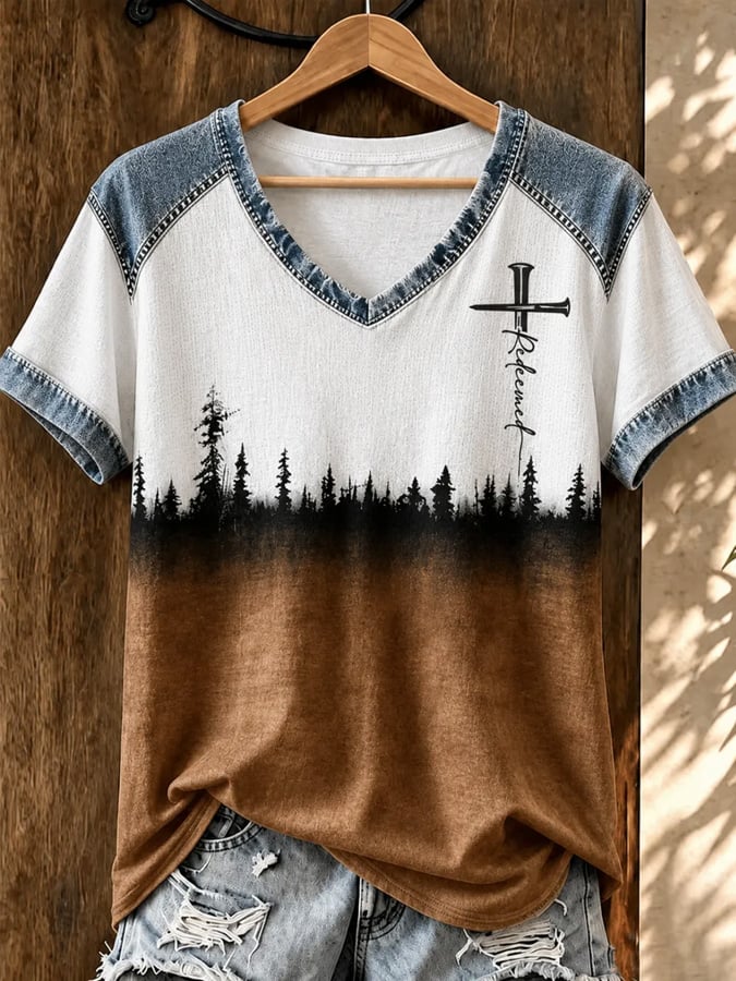 Women's Vintage Western Faith-Print V-Neck Top