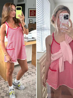 Women’s 95% Cotton Striped Active Mini Dress with Built-In Shorts & Pockets
