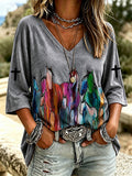 Damen Freizeit V-Ausschnitt Western Pferde Sieben Viertelarm T-Shirt