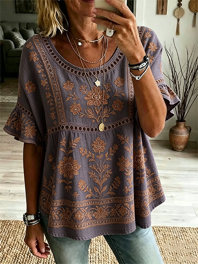 Chemisier paysan vintage à imprimé floral et manches à volants pour femme