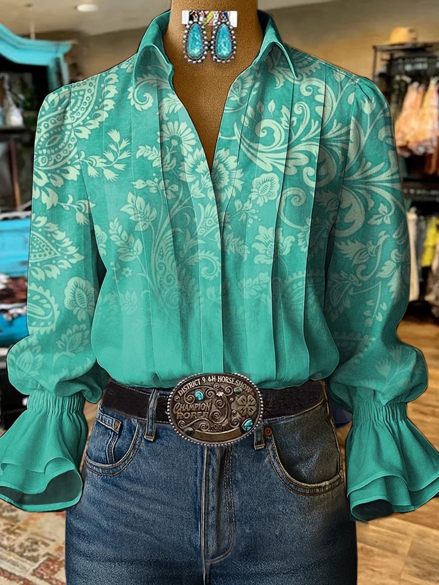 Damen Retro Casual Western Muster Hemd