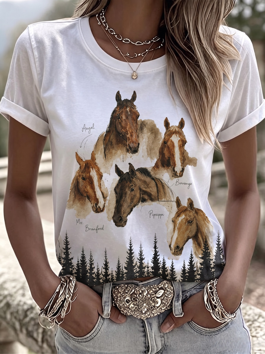 Women's Western style animal cross round neck T-shirt