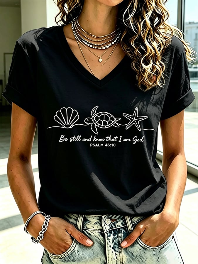 Women's Beach Vacation And Leisure  Sea Turtle Be Still And Know That I Am God Faith Printed T-Shirt
