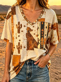 Damen Retro-Oberteil mit Western-Print und V-Ausschnitt