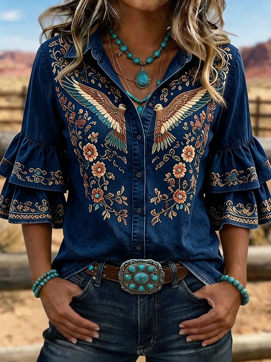 Chemisier occidental pour femme à broderie florale aigle et manches à volants