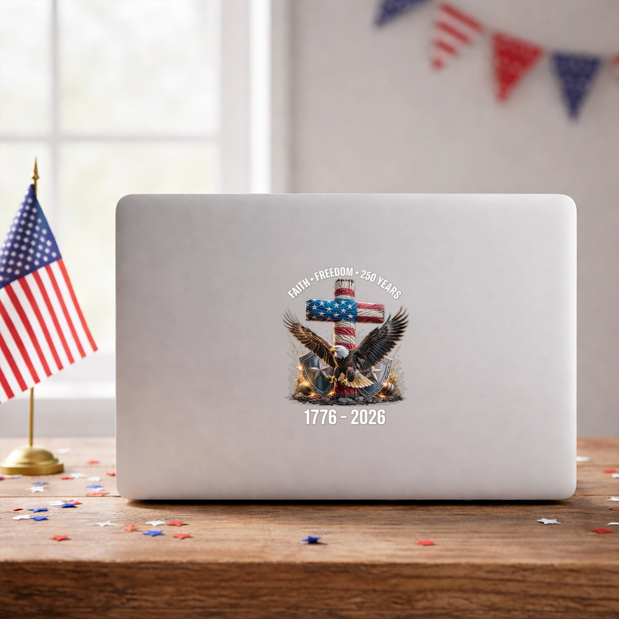 Autocollant Croix Aigle Faith Freedom USA – 250ème Anniversaire 1776-2026 pour Vitre de Voiture