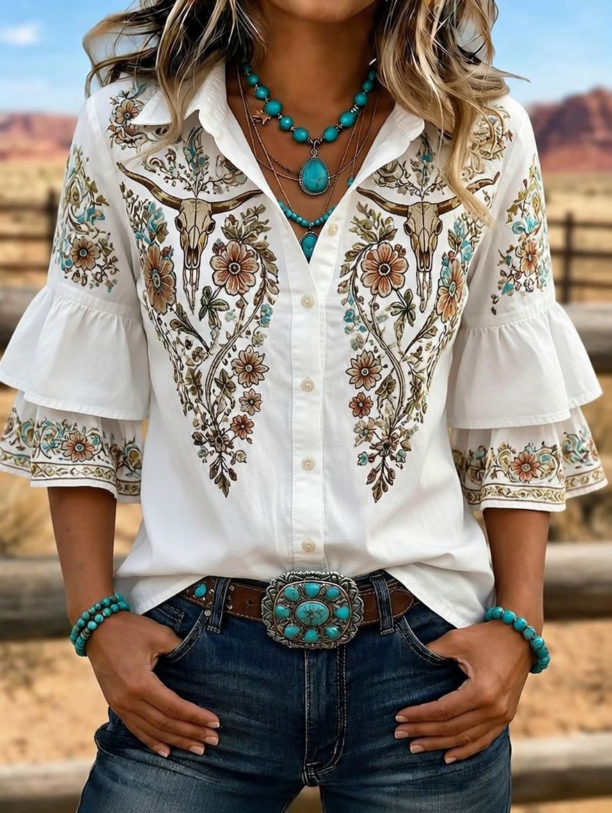 Chemise femme à manches volantées brodées tête de buffle Western