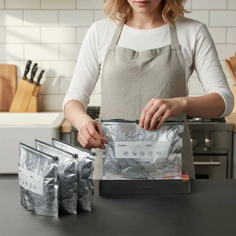 New reusable upgraded thickened upright aluminum foil sealing storage bags, with labels and zipper locks, suitable for washable kitchen items like vegetables, fruits, and meat