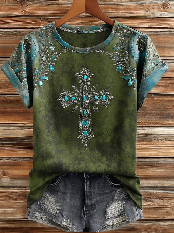 Women'S Casual Retro Faith Printed Short Sleeved T-Shirt