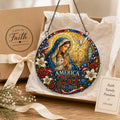 America 250 Acrylic Puzzle Window Hanging Ornament – 1776–2026 Patriotic Stained Glass Style Madonna & Child Suncatcher Decor