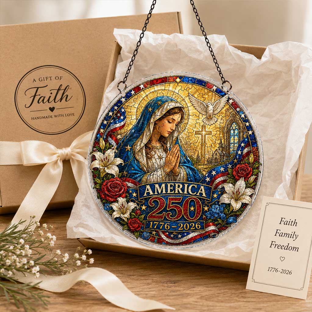 America 250 Acrylic Puzzle Window Hanging Ornament – 1776–2026 Patriotic Stained Glass Style Madonna & Child Suncatcher Decor