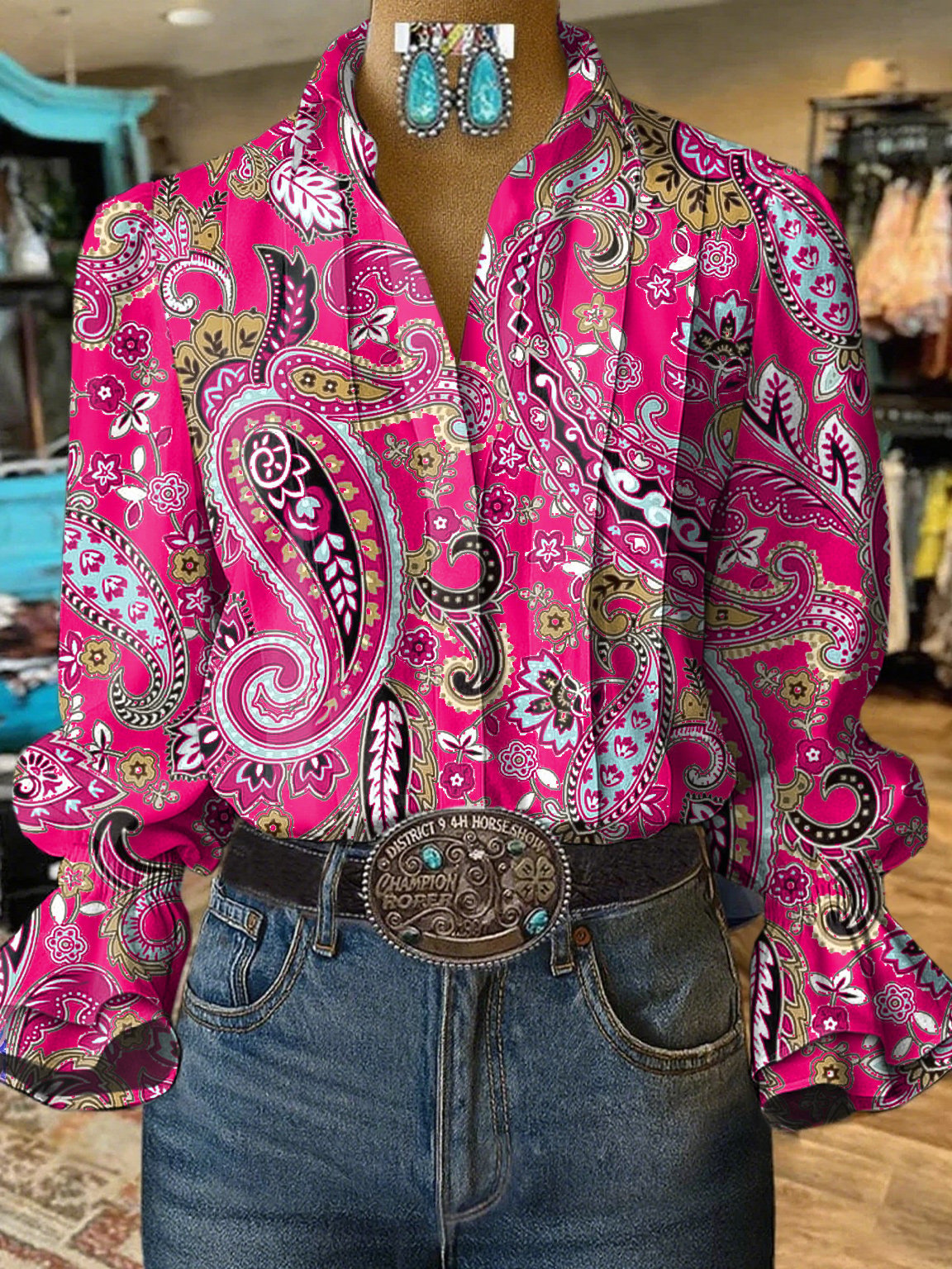 Chemise à motifs décontractée et manches bouffantes de style western pour femme