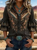 Damen Western Adler Bluse mit Blumenstickerei und Rüschenärmeln