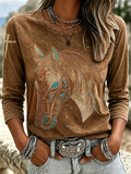 Damen Western Style Rundhals-Langarmshirt mit Print