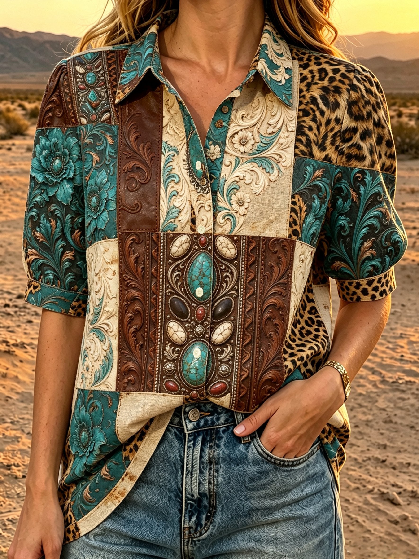 Women's Retro Western Print V-Neck Top