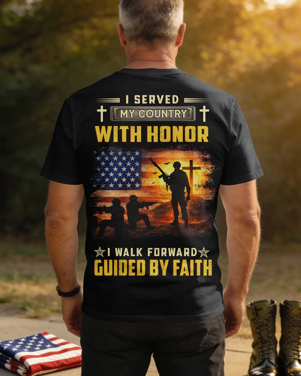 I Served My Country With Honor I Walk Forward Guided By Faith T-Shirt