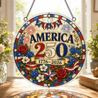 Amerika 250. Jubiläum Acryl-Puzzle-Hängeornament – 1776–2026 Patriotische Fensterdekoration im Buntglas-Stil
