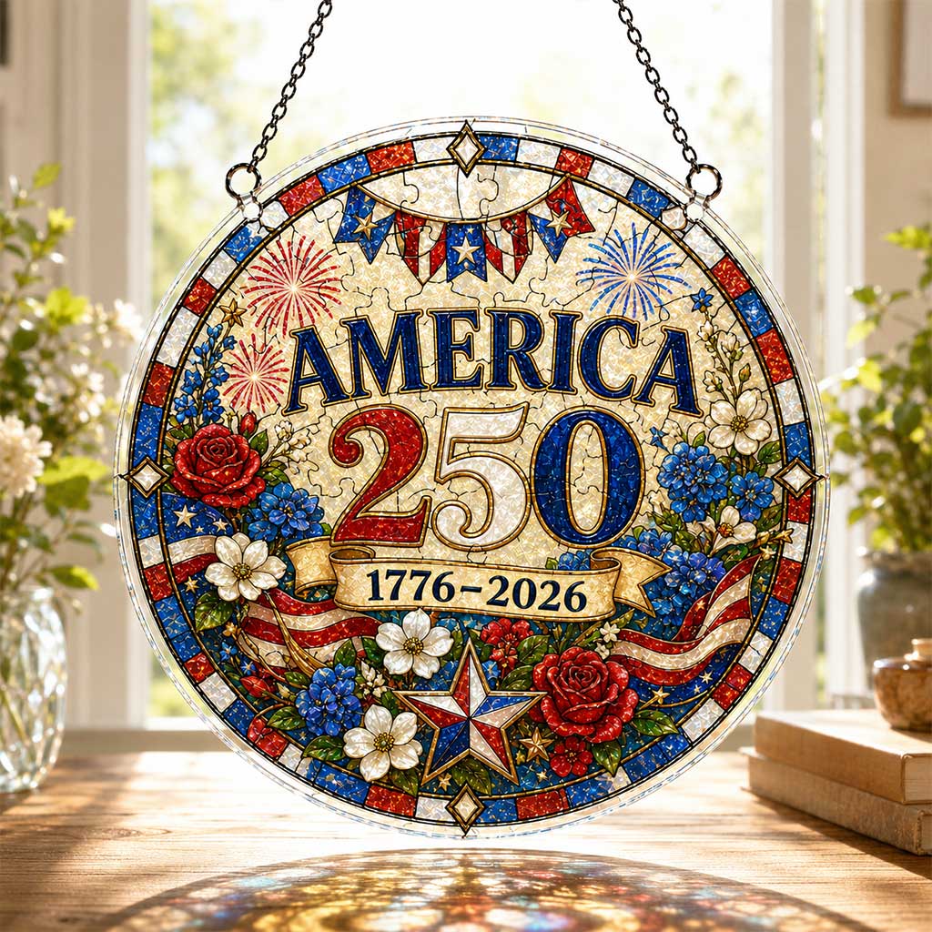 America 250th Anniversary Acrylic Puzzle Hanging Ornament – 1776–2026 Patriotic Stained Glass Style Window Decor