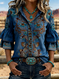 Damen Western Blumenstickerei Denim Glockenärmel Hemd  
