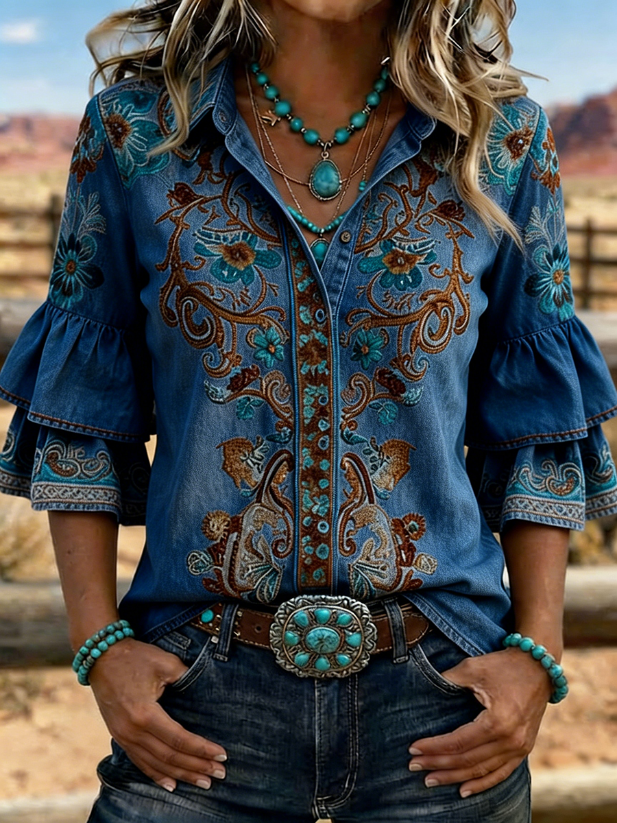 Damen Western Blumenstickerei Denim Glockenärmel Hemd  