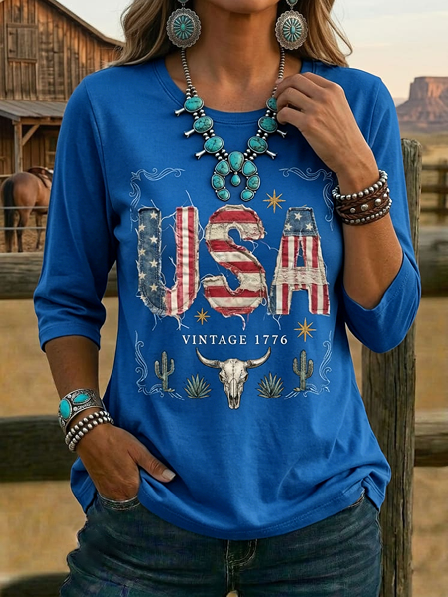 Women's Vintage USA Print Casual Half-sleeve Top