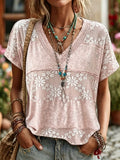 Damen Freizeit Kurzarm Bluse mit Blumenmuster aus Baumwoll-Leinen-Gemisch