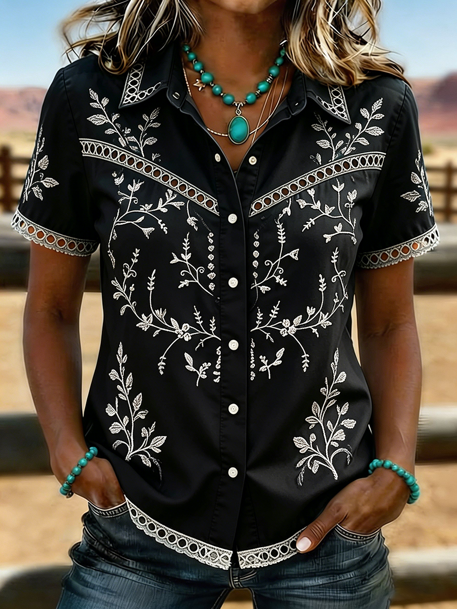 Women's Ombre Turquoise Floral Embroidered Western Button-Up Shirt