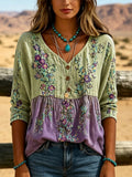Damen Western Blumenmuster Kunst-Leinen Oberteil
