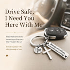 Maneja Con Cuidado Drive Safe Keychain with Cross & I Love You Charm