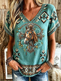 Women'S Vintage Western Turquoise Floral Faith Print Linen Short-Sleeved T-Shirt