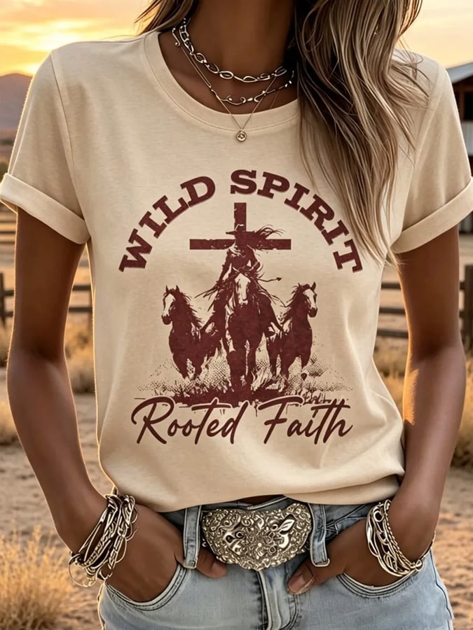Damen-T-Shirt mit „Wild Spirit Rooted Faith“-Aufdruck und lässigem Schnitt