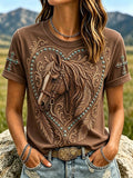 Damen T-Shirt mit braunem, kurzem Arm im Western-Stil mit türkisfarbenem Pferde- und Herzmotiv