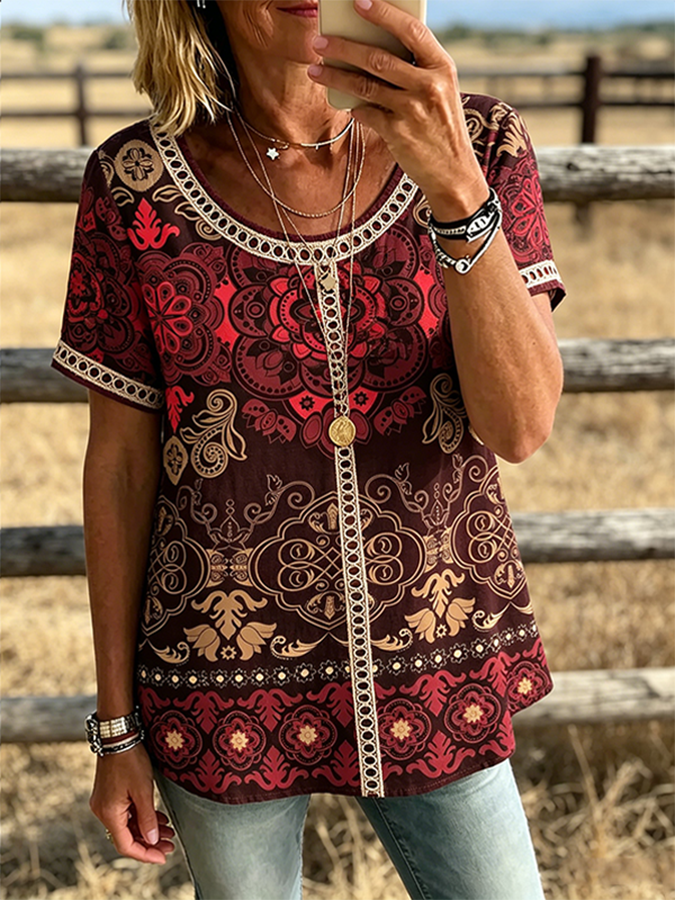 Bluse mit Mandala-Print und kurzen Ärmeln im Western-Casual-Stil