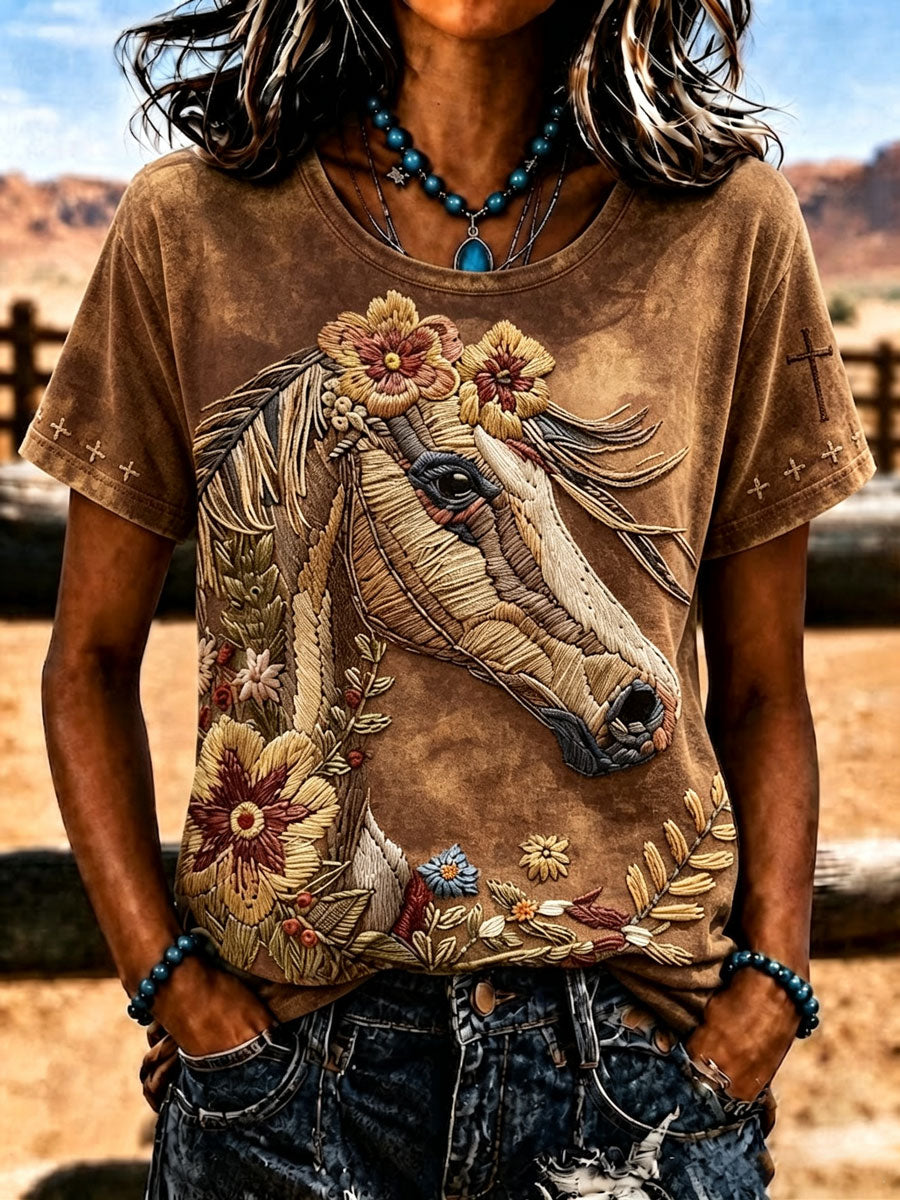 Women'S Western Style Animal Cross Round Neck T-Shirt