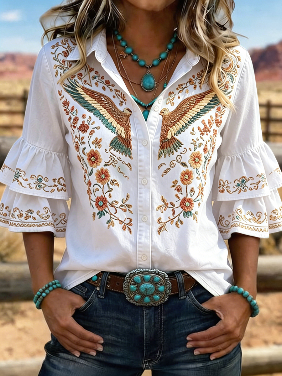 Chemisier occidental pour femme à broderie florale aigle et manches à volants