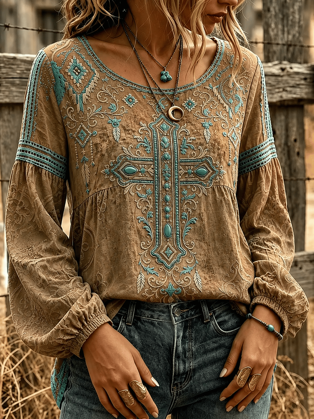 Damen-Top im Vintage-Western-Stil mit Print