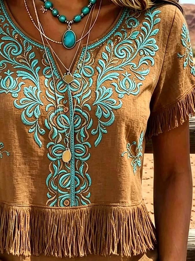 Damen Lässiges Oberteil mit Quasten-Patchwork-Print