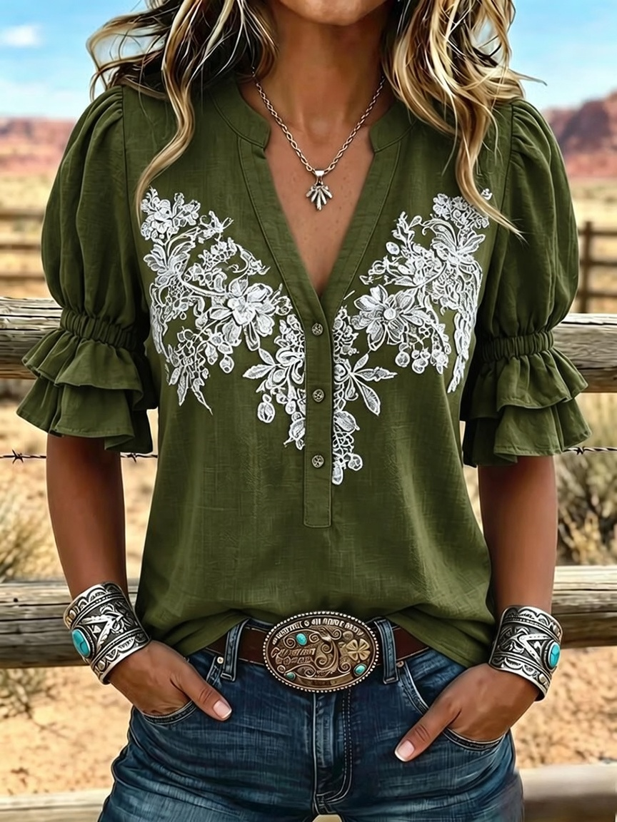 Women's Vintage Art Print Puff Sleeve Casual Shirt