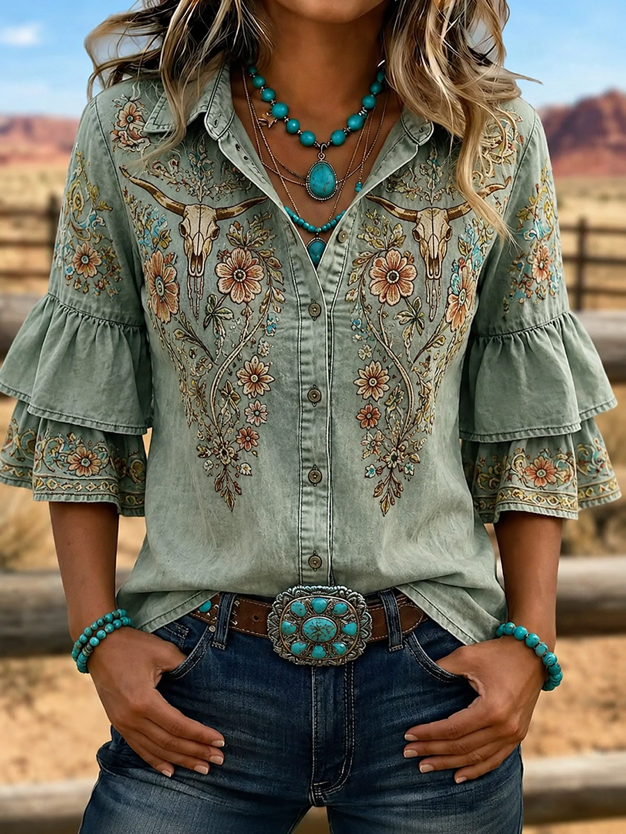 Chemise femme à manches volantées brodées tête de buffle Western