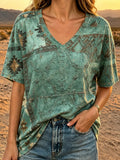 Damen Retro Western-Print V-Ausschnitt Oberteil