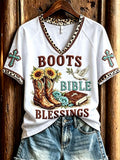Damen Stiefel Bibel Segen Türkis Kreuz Leopardenmuster Kurzarm T-Shirt