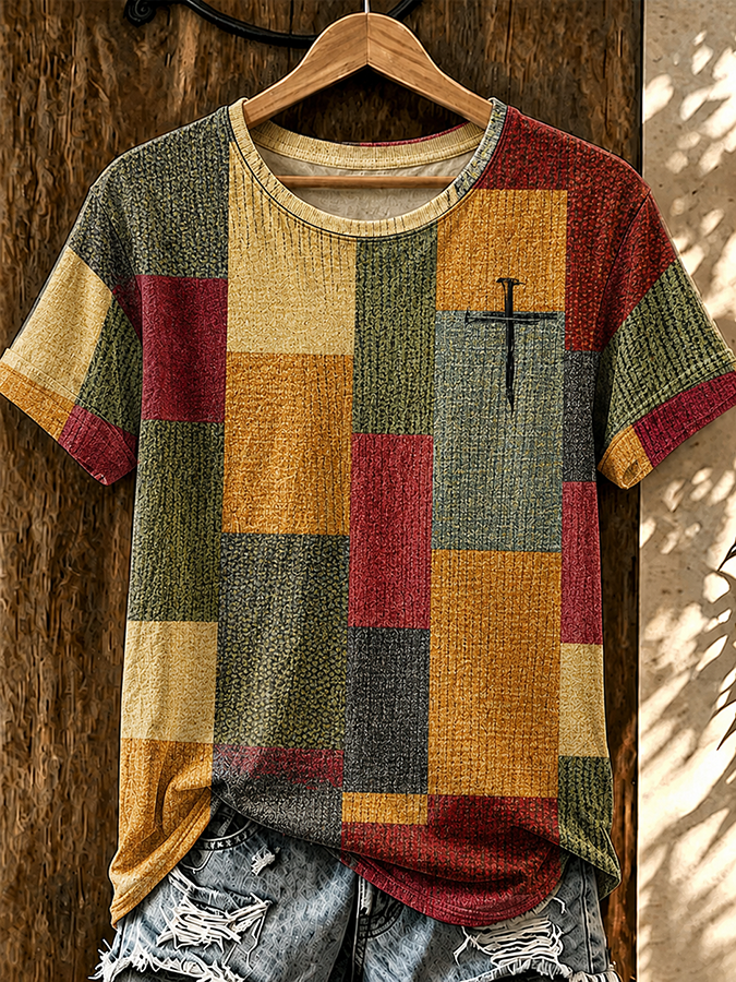 Damen T-Shirt mit Western-Kreuzdruck, lässig, Rundhals