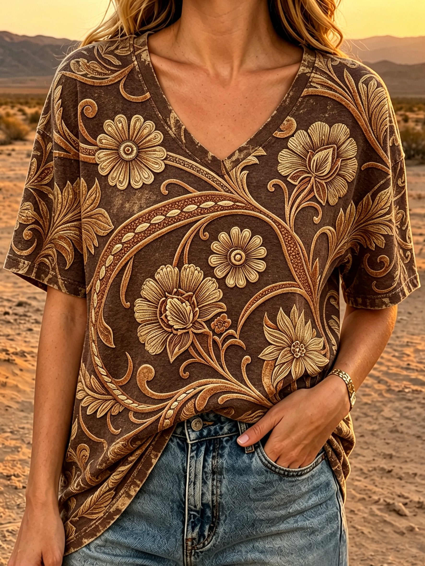 Damen Retro Western-Print V-Ausschnitt Oberteil