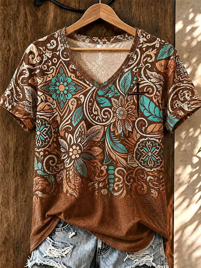 Damen Retro Western Stil Faith bedrucktes V-Ausschnitt T-Shirt