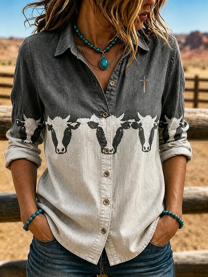 Women's Vintage-Style Western Print Shirt
