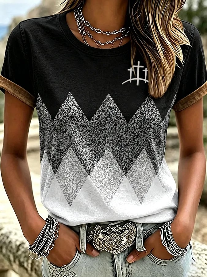 Women'S Western Horse Art Faith Gradient Printed Round Neck T-Shirt