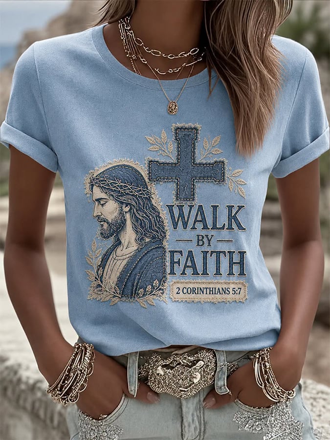 Women's Retro Walk By Faith  Print T-shirt