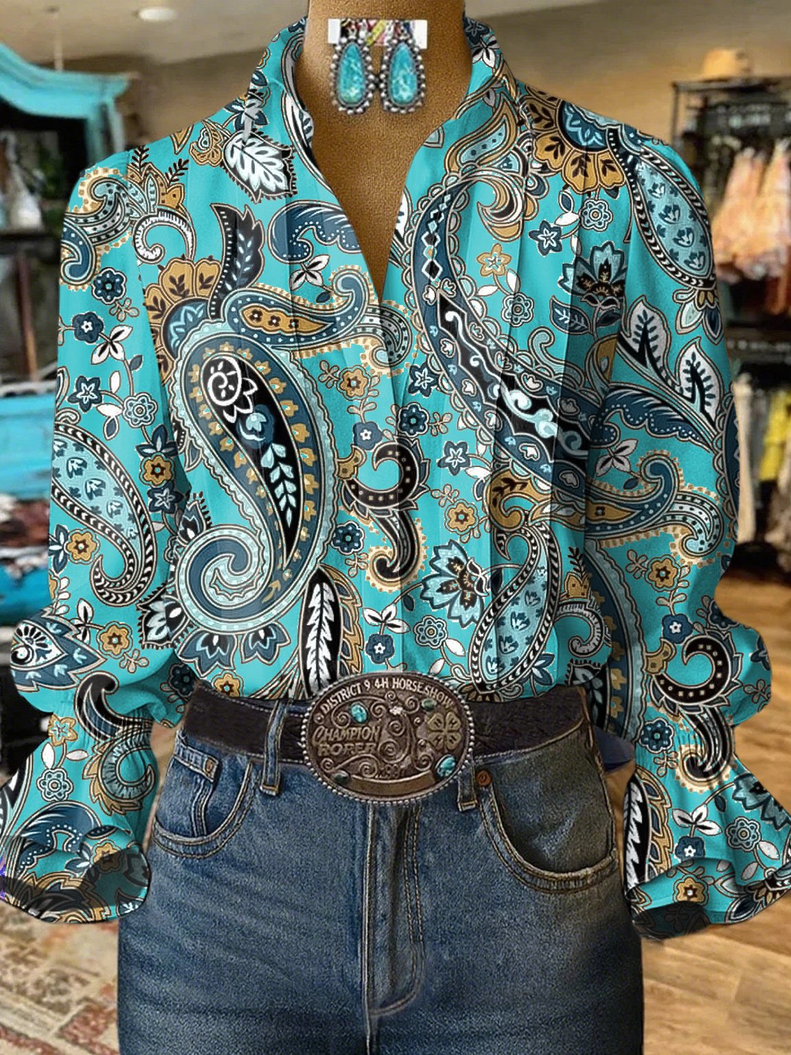 Chemise à motifs décontractée et manches bouffantes de style western pour femme