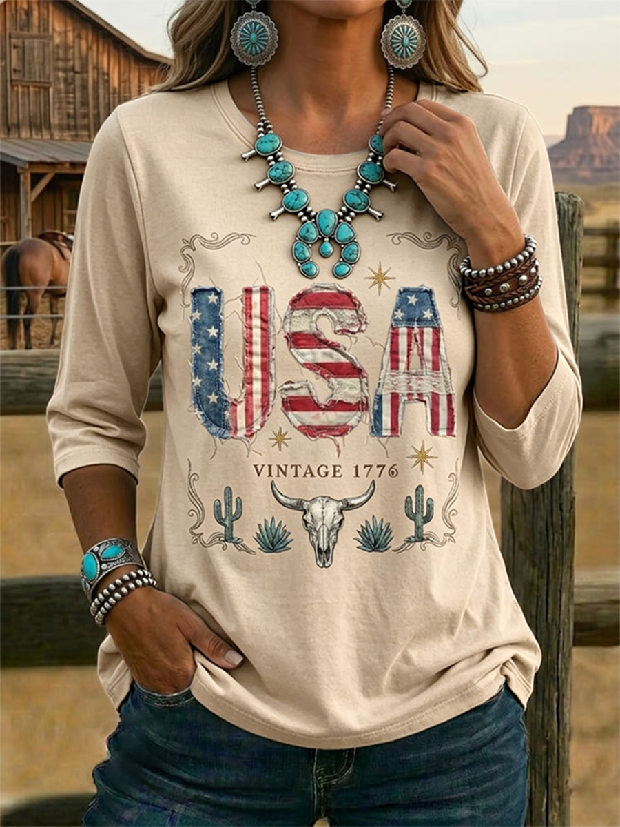 Women's Vintage USA Print Casual Half-sleeve Top
